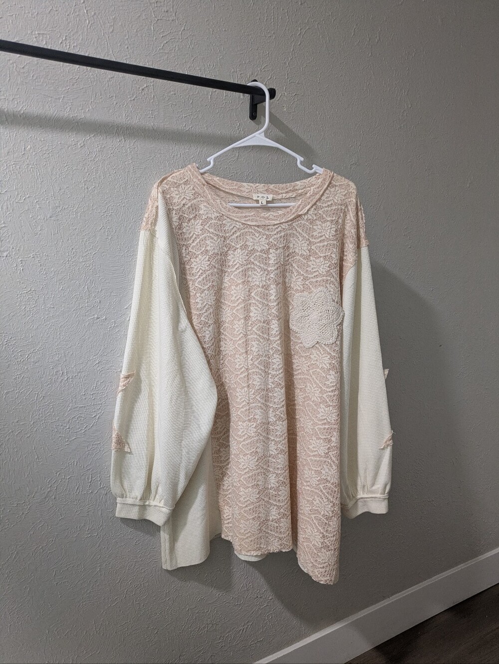 POL Crochet Patch Long Sleeve Pullover Sweatshirt